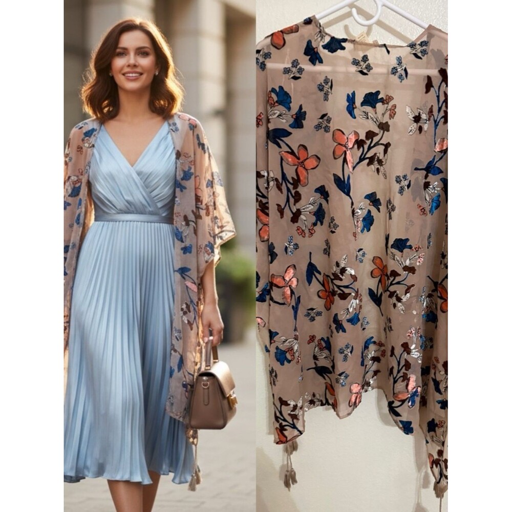 Japna Velvet Burnout Floral Kimono Tassel Boho Duster Size L